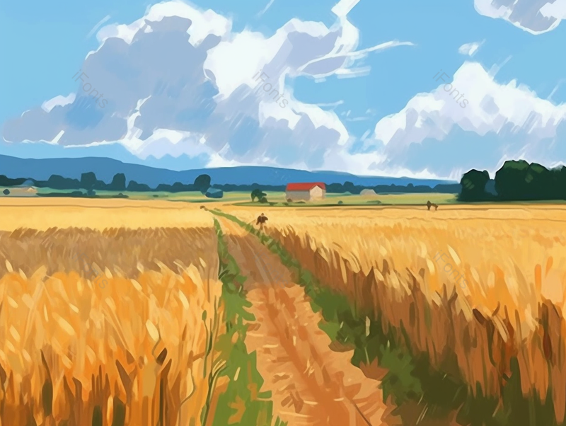 手绘夏季小满时节蓝天白云乡村田园小路两侧的田地里谷物小麦麦穗丰收的场景背景插画,插画/手绘图,插画/手绘图库,插画/手绘图下载,插画/手绘